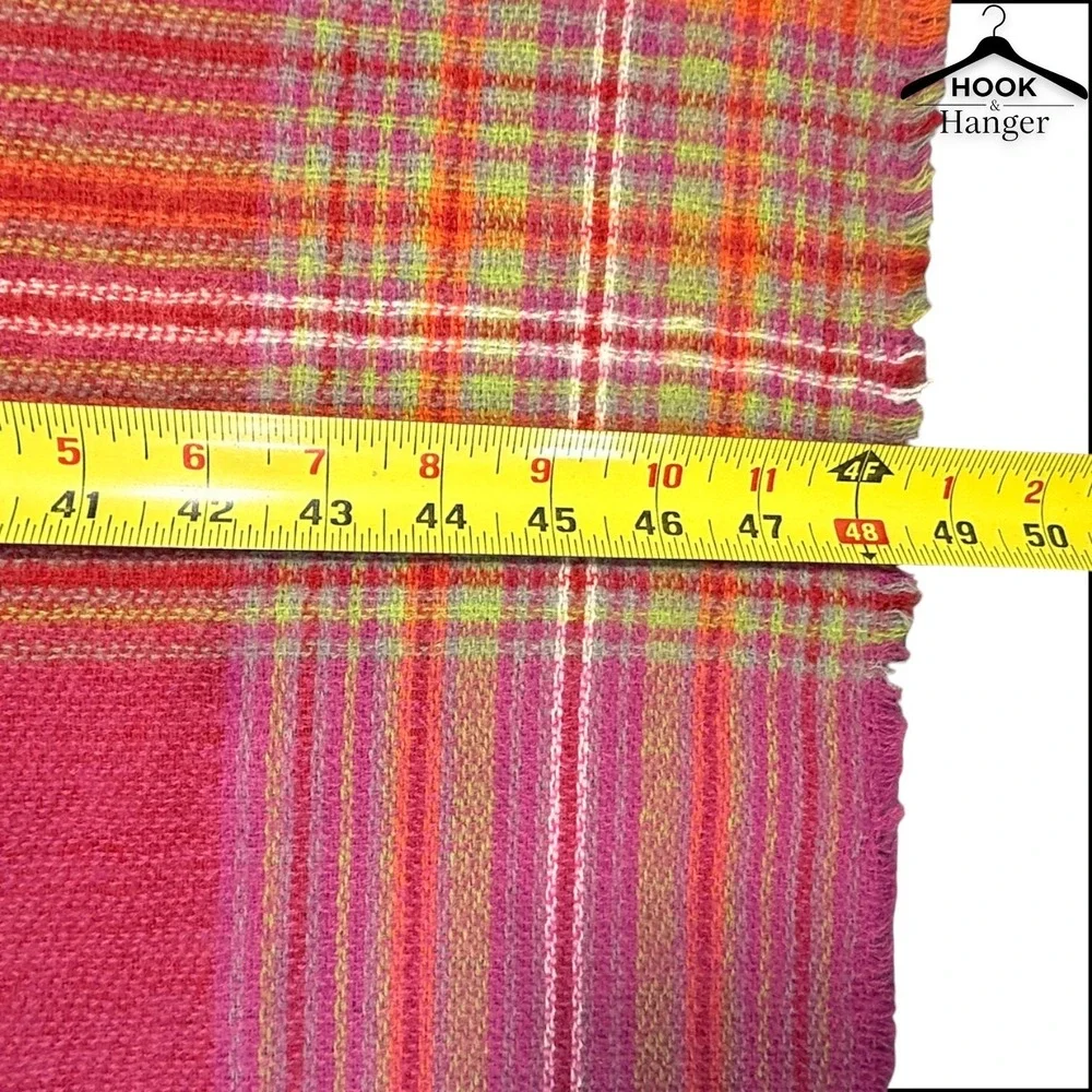 V. Fraas Plaid Blanket Square Scarf German Orange Pink Green Vibrant Wrap Fringe